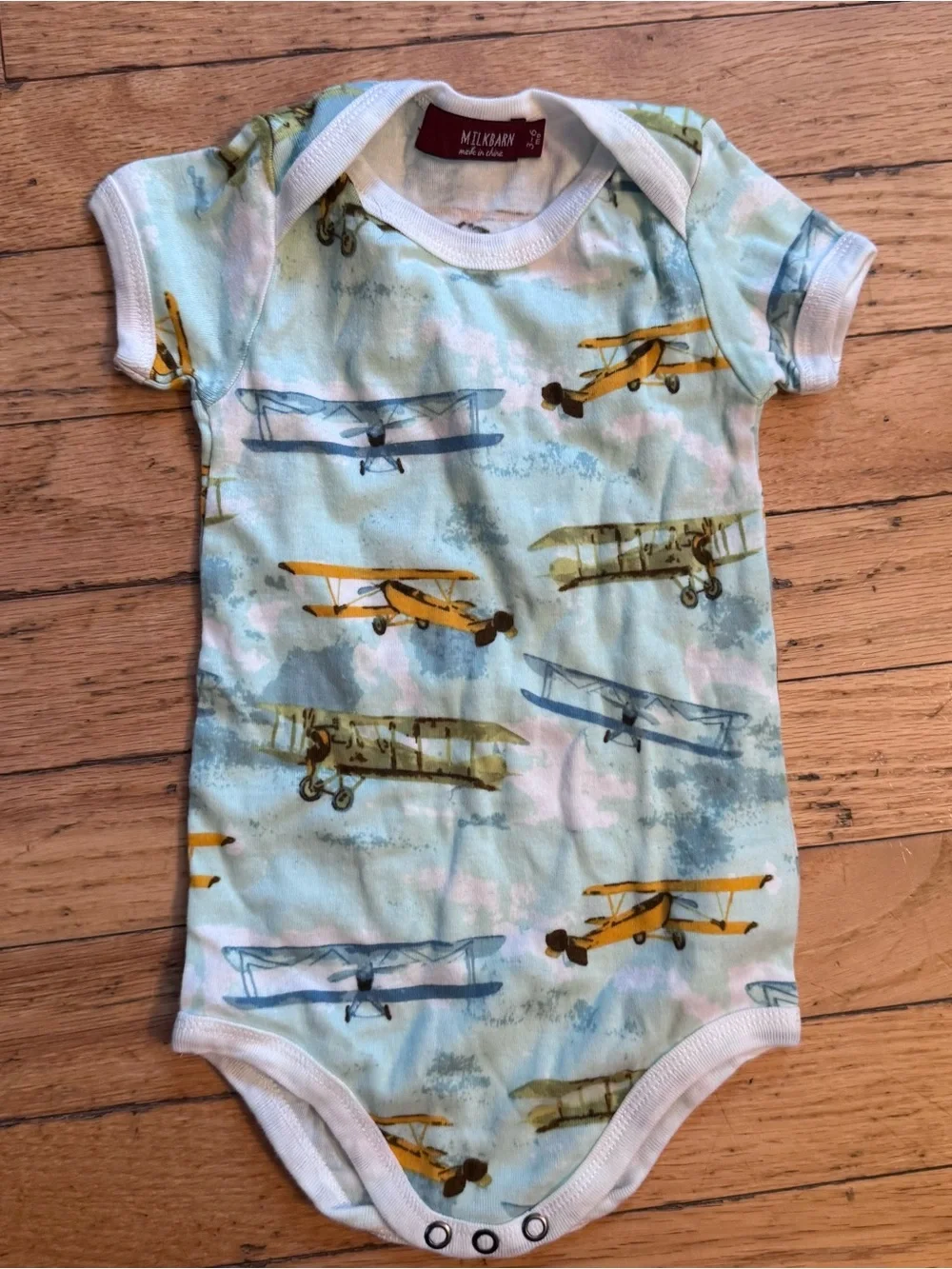 Milkbarn Airplane Print Baby Bodysuit & Knot Hat 3-6 months organic cotton